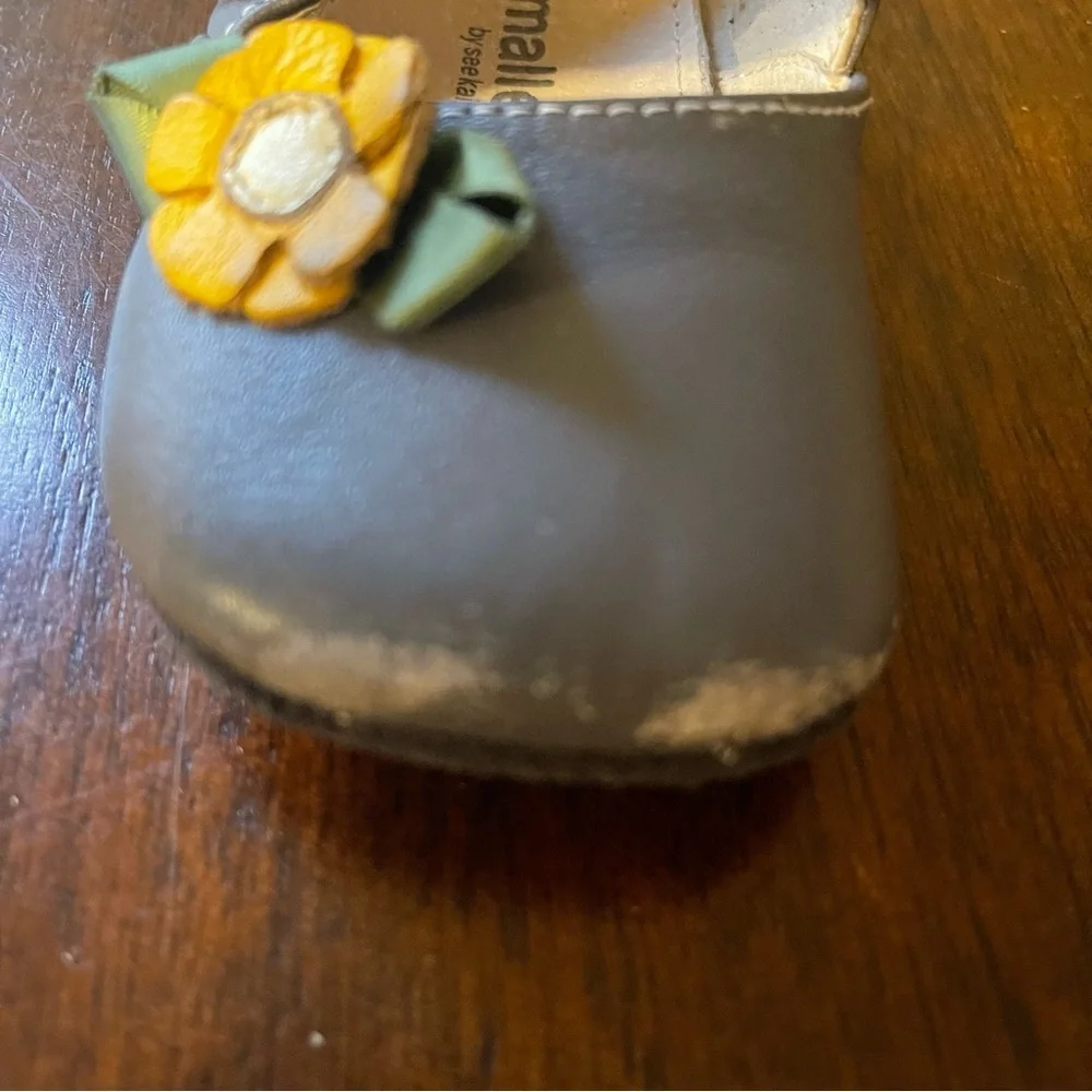 Gray Baby Shoes with Yellow Flower Accent
